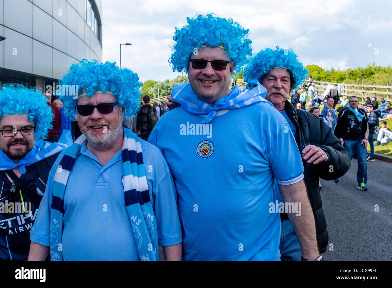 Manchester City Fans Arrive At The Amex Stadium For Their Final Game Of The Season and Premier League Title Clincher Against Brighton and Hove Albion. Stock Photo