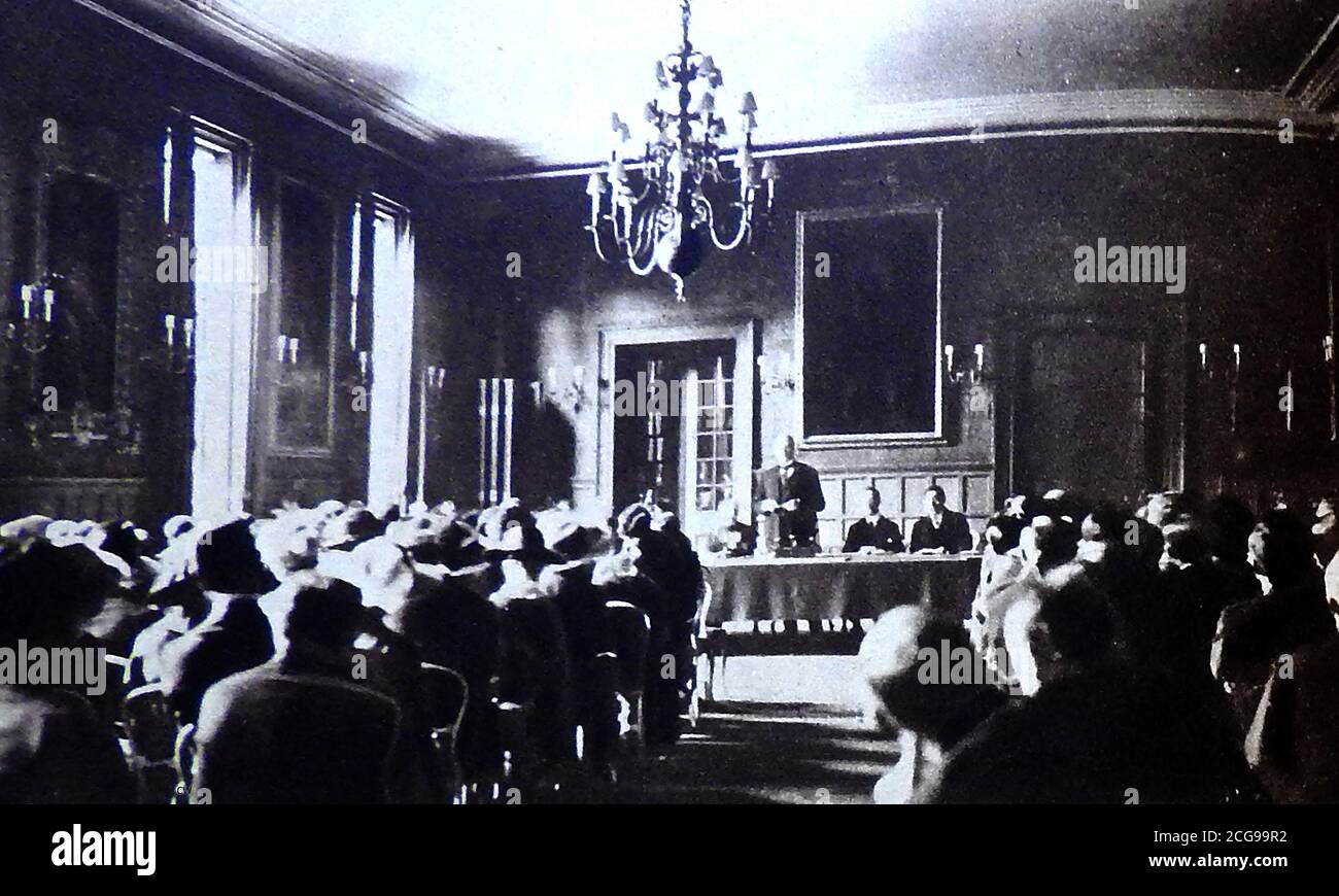 1st meeting of League of Nations,  - British foreign secretary Arthur Balfour presided. It was founded on 10 January 1920 following the Paris Peace Conference that ended the First World War, and ceased operations on 20 April 1946.vIn London Balfour commissioned the first official proposals in 1918, under the initiative of Lord Robert Cecil. The British committee was finally appointed in February 1918 led by Walter Phillimore . It  became known as the Phillimore Committee. Other committee members  included Eyre Crowe, William Tyrrell, and Cecil Hurst Stock Photo