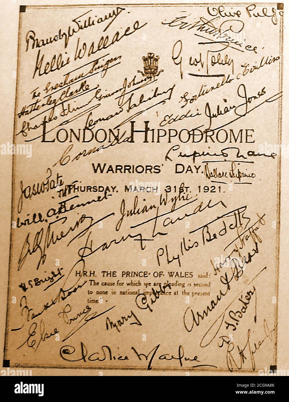 March 31 1921 - Performers signatures on the Warrior's Day (ex servicemen) programme (including Harry Lauder -centre)  performed in front of the Prince of Wales at the London Hippodrome, England Stock Photo