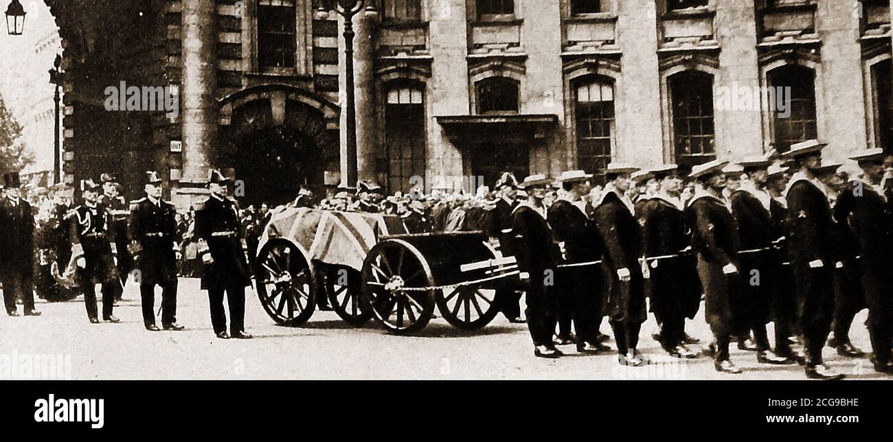 1920 Funeral carriage procession of Admiral Lord Fisher (1st Sea Lord) from Westminster hospital -- John Arbuthnot Fisher, 1st Baron Fisher,  (1841 – 1920),   known generally as  Jack, Jacky or Jackie Fisher. He was a British Admiral of the Fleet known for his efforts at naval reform.  As Controller of the navy, he introduced torpedo boat destroyers as a class of ship. He also  introduced daily baked bread on board ships in place of the usual ships biscuits. On his death from cancer aged 79, he was given a state funeral at Westminster Abbey, being commonly compared in greatness to Lord Nelson. Stock Photo
