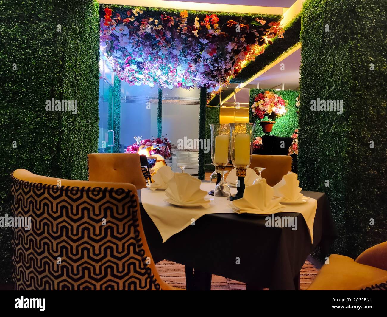 02 Sep 2020, Dhaka, Bangladesh. Stylish wooden interior of a restaurant