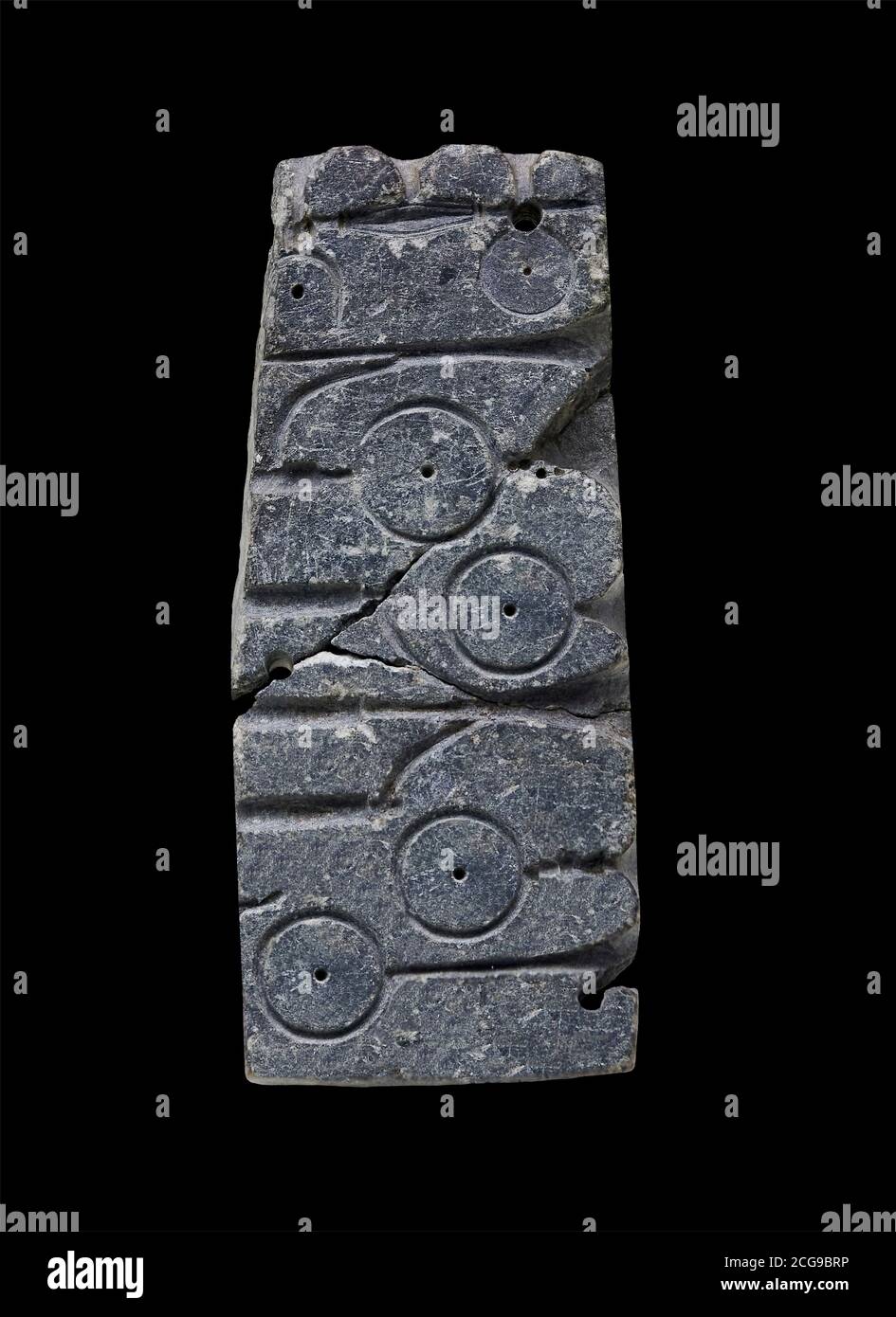 Fragment of a hittite mould from the Hittite capital Hattusa, Hittite New Kingdom 1650-1200 BC, Bogazkale archaeological Museum, Turkey. Black  backgr Stock Photo