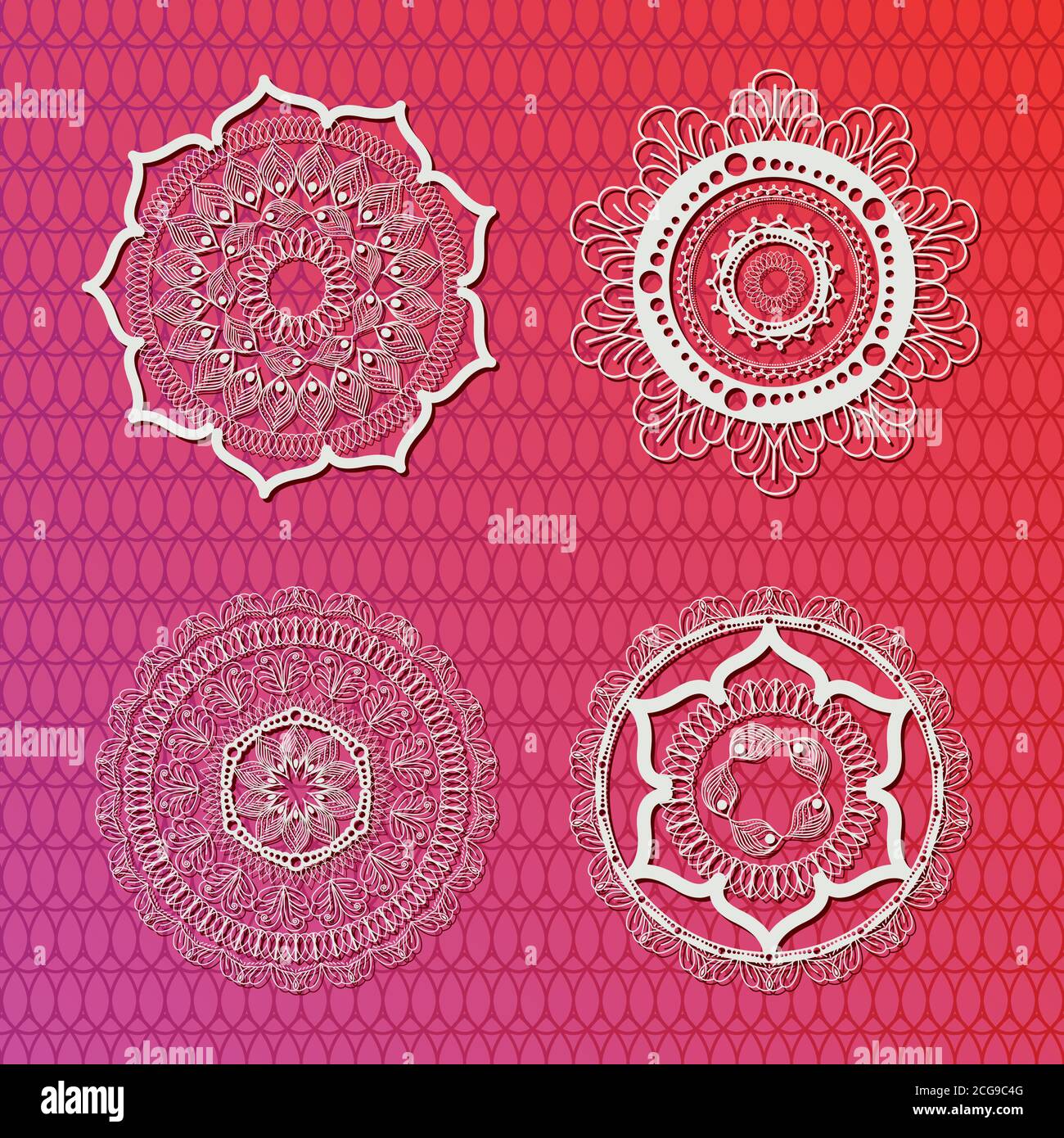 set of white mandalas on pink gradient background vector design Stock ...