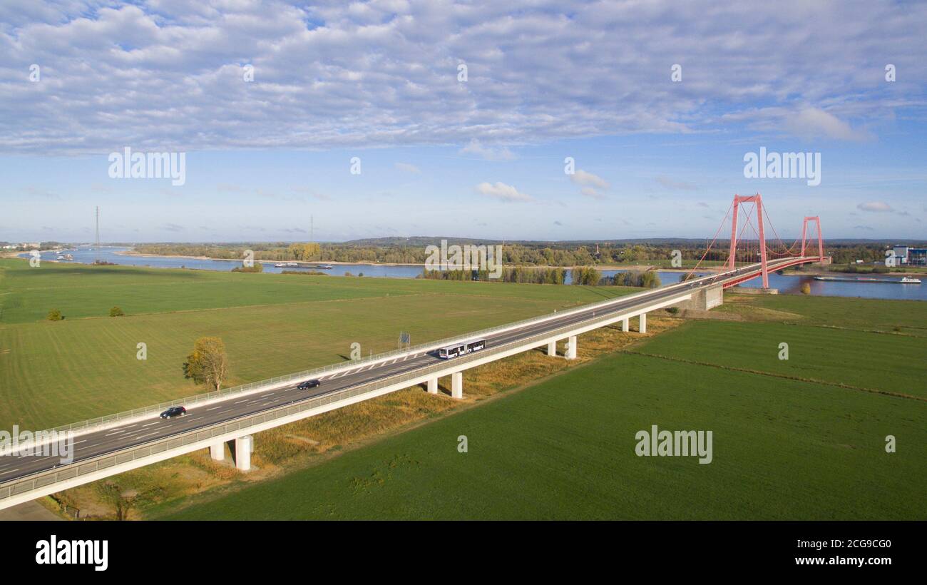 Aerial view on the bridge crossing the Rhine close to Emmerich. This bridge is the largest Suspension bridge of Germany. Stock Photo