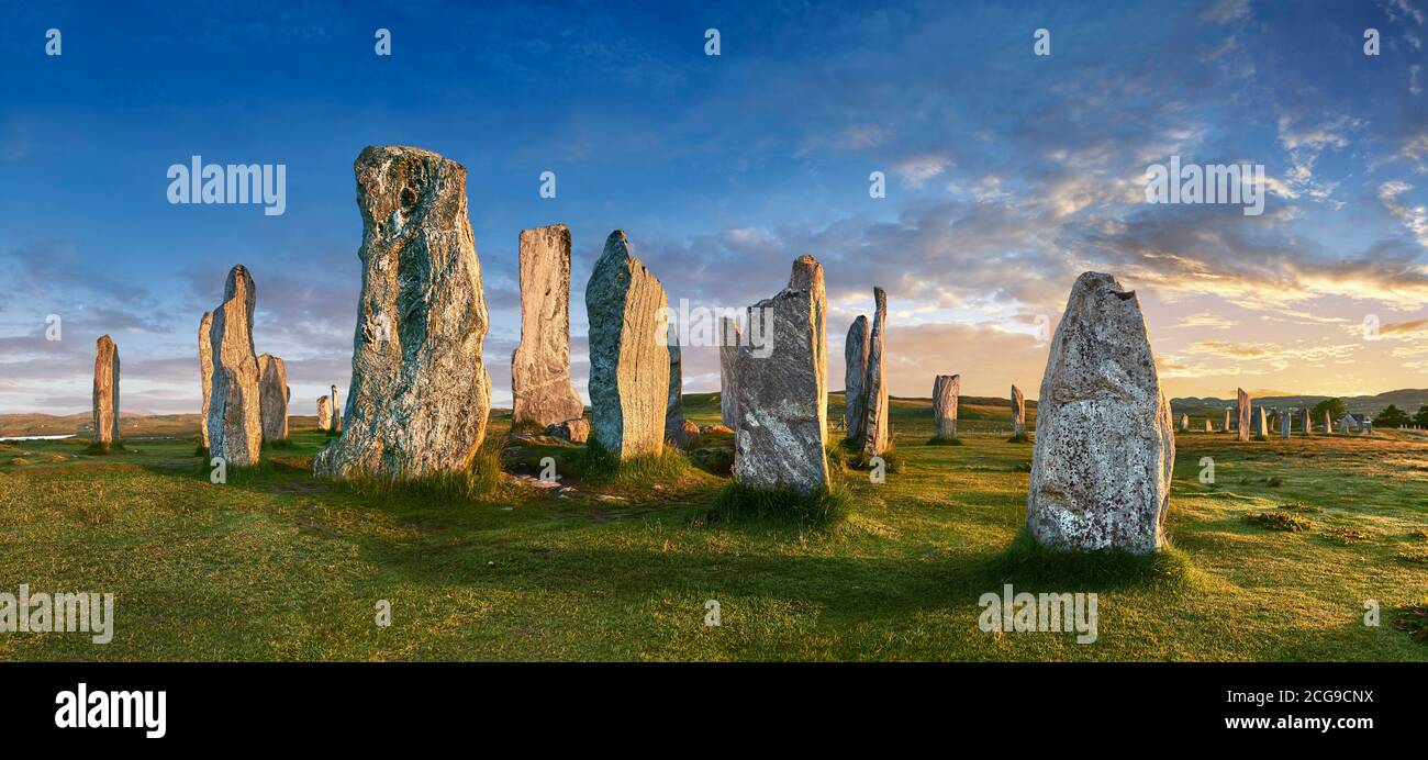 Panorama of Calanais Standing Stones  central stone circle erected between 2900-2600BC measuring 11 metres wide. At the centre of the ring stands a hu Stock Photo