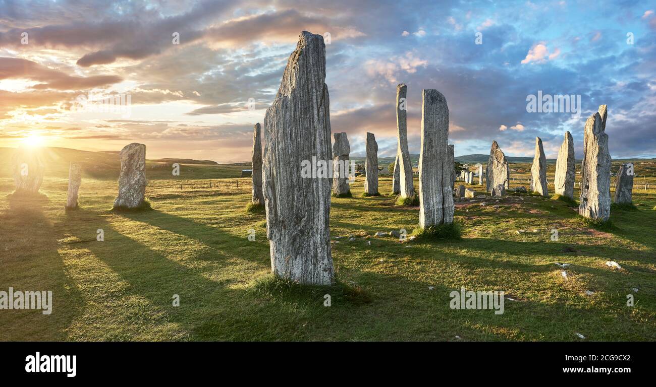 Panorama of  the central stone circle, at sunset, erected between 2900-2600BC measuring 11 metres wide. At the centre of the ring stands a huge monoli Stock Photo