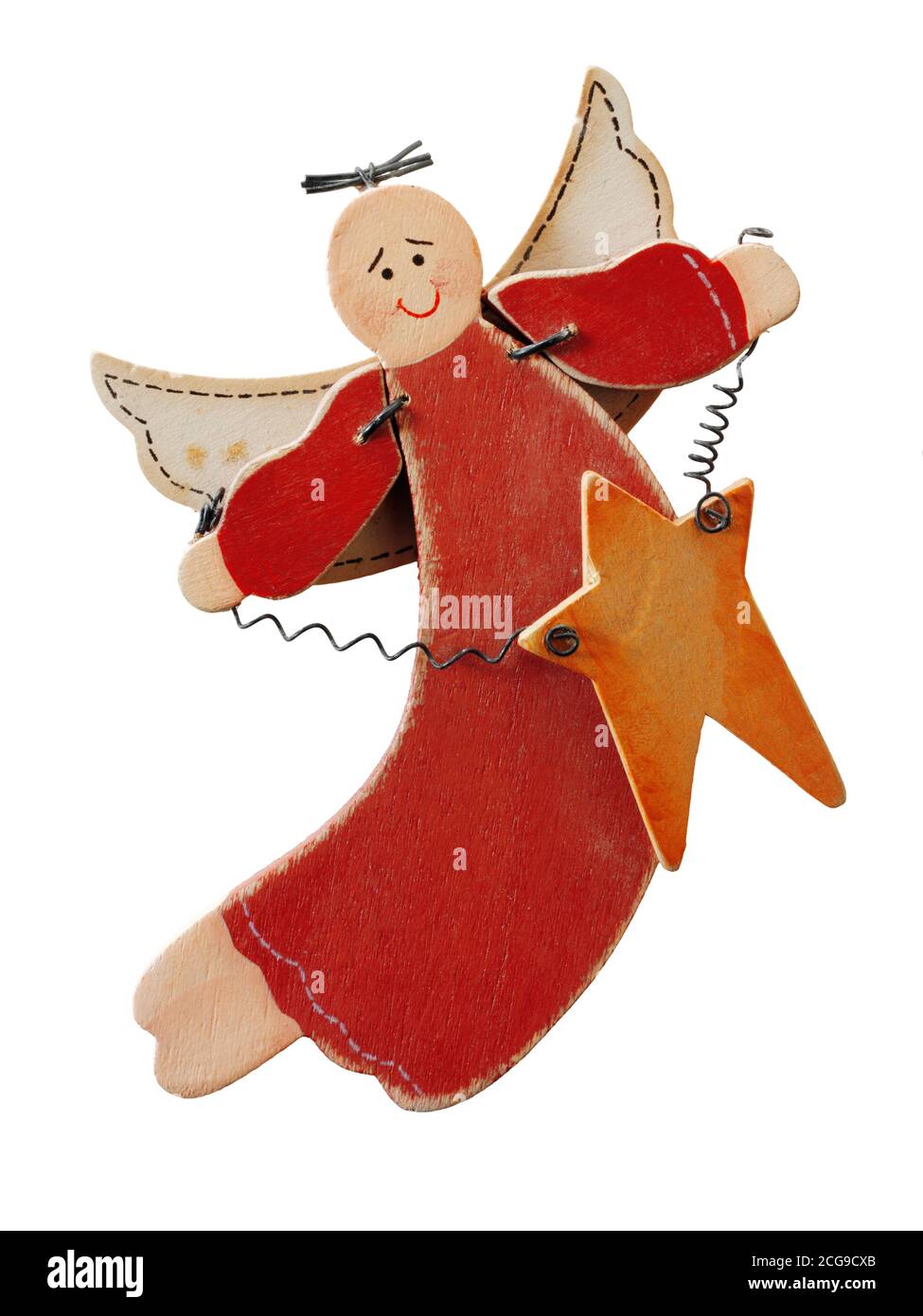 Hand made artisan wooden angel tree decoration, , cut out Stock Photo