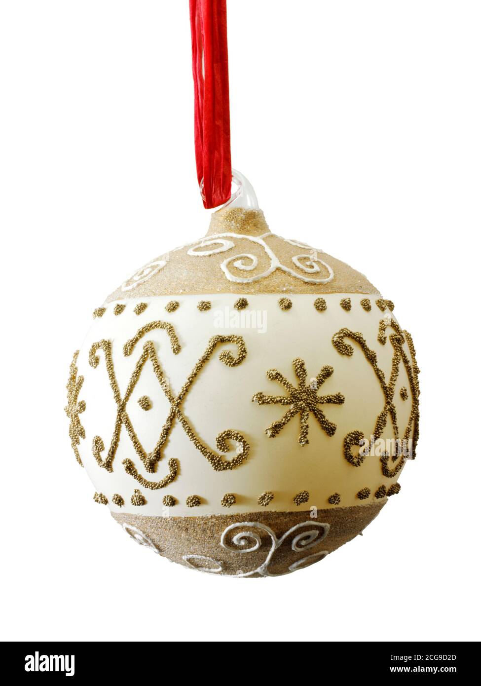 Hand painted gold and white artisan hand made traditional Christmas bauble tree decoration, cut out Stock Photo