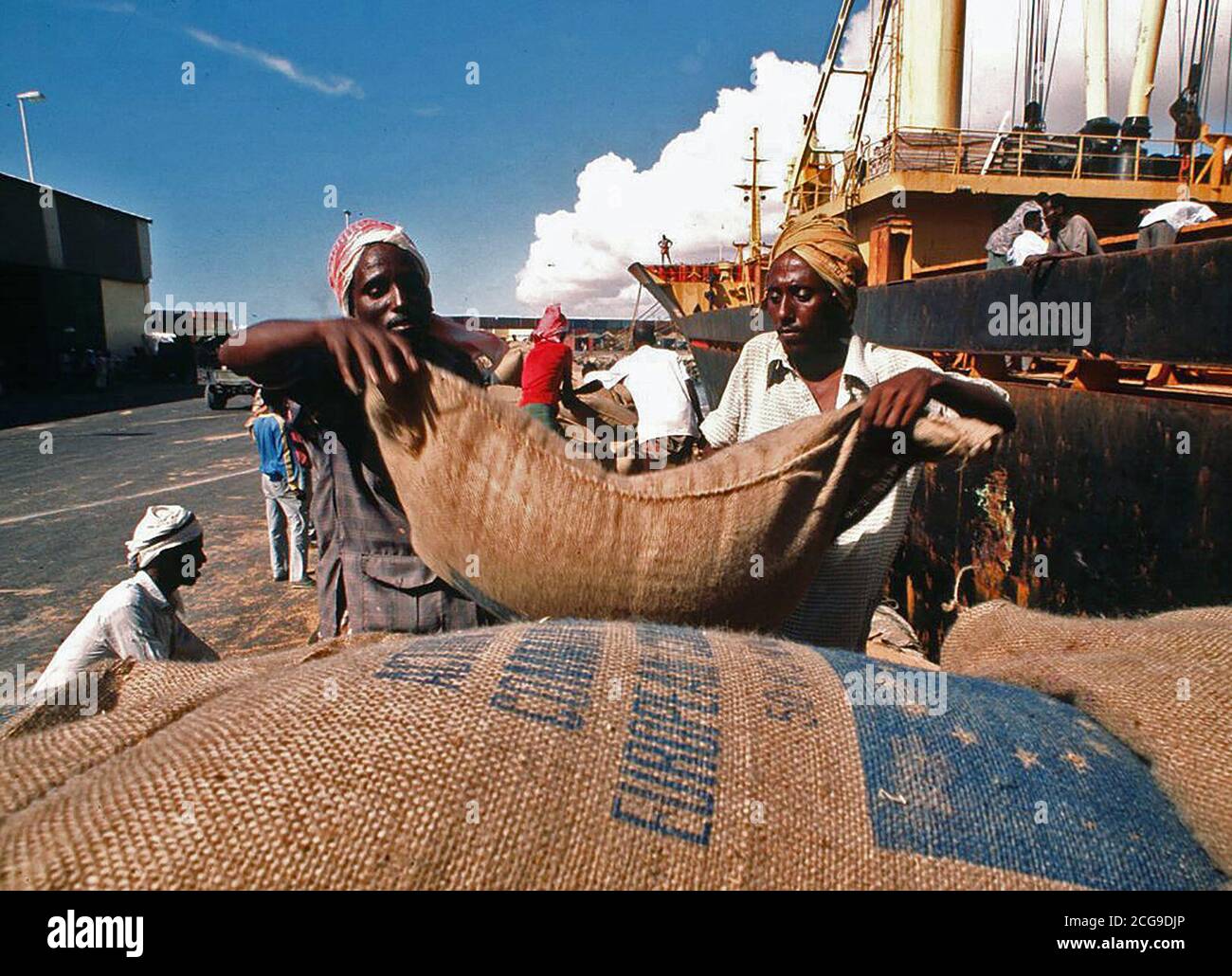 1993 - Somali dock workers carry sacks of wheat in the port as they unload relief supplies for their country. (Mogadishu Somalia) Stock Photo