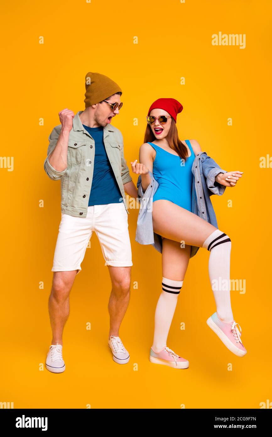 Full Size Photo Of Crazy Cool Two Modern People Dance Rock And Roll Party Wear Shirt Shorts Swimwear White Long Socks Legs Denim Jeans Jacket Isolated Stock Photo Alamy