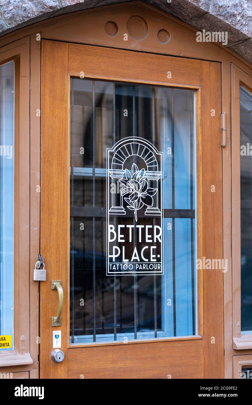 Better Place Tattoo Parlour door in Kruununhaka district of Helsinki, Finland Stock Photo