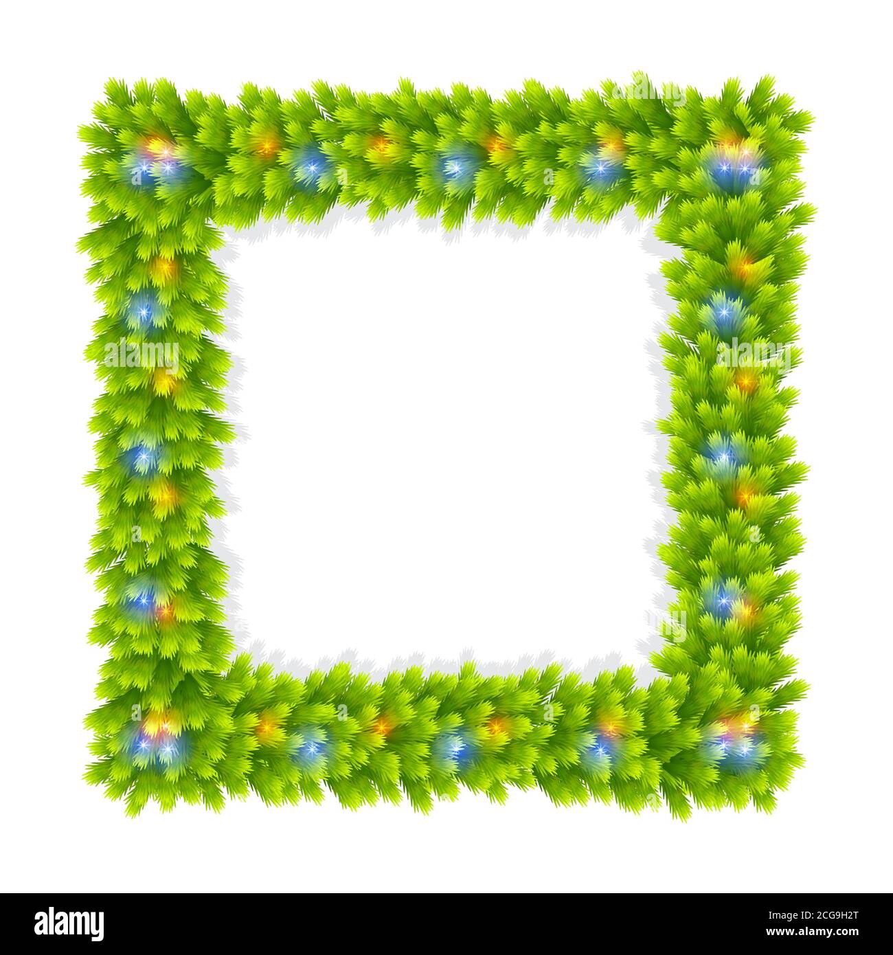 Square frame of fir branches with shadow and glittering lights Stock ...