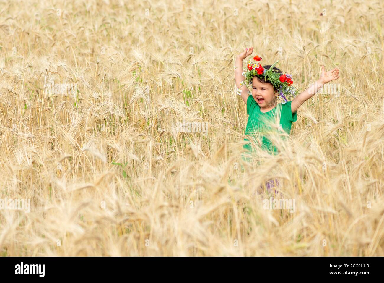 Cute little girl playing on wheat field Stock Photo - Alamy