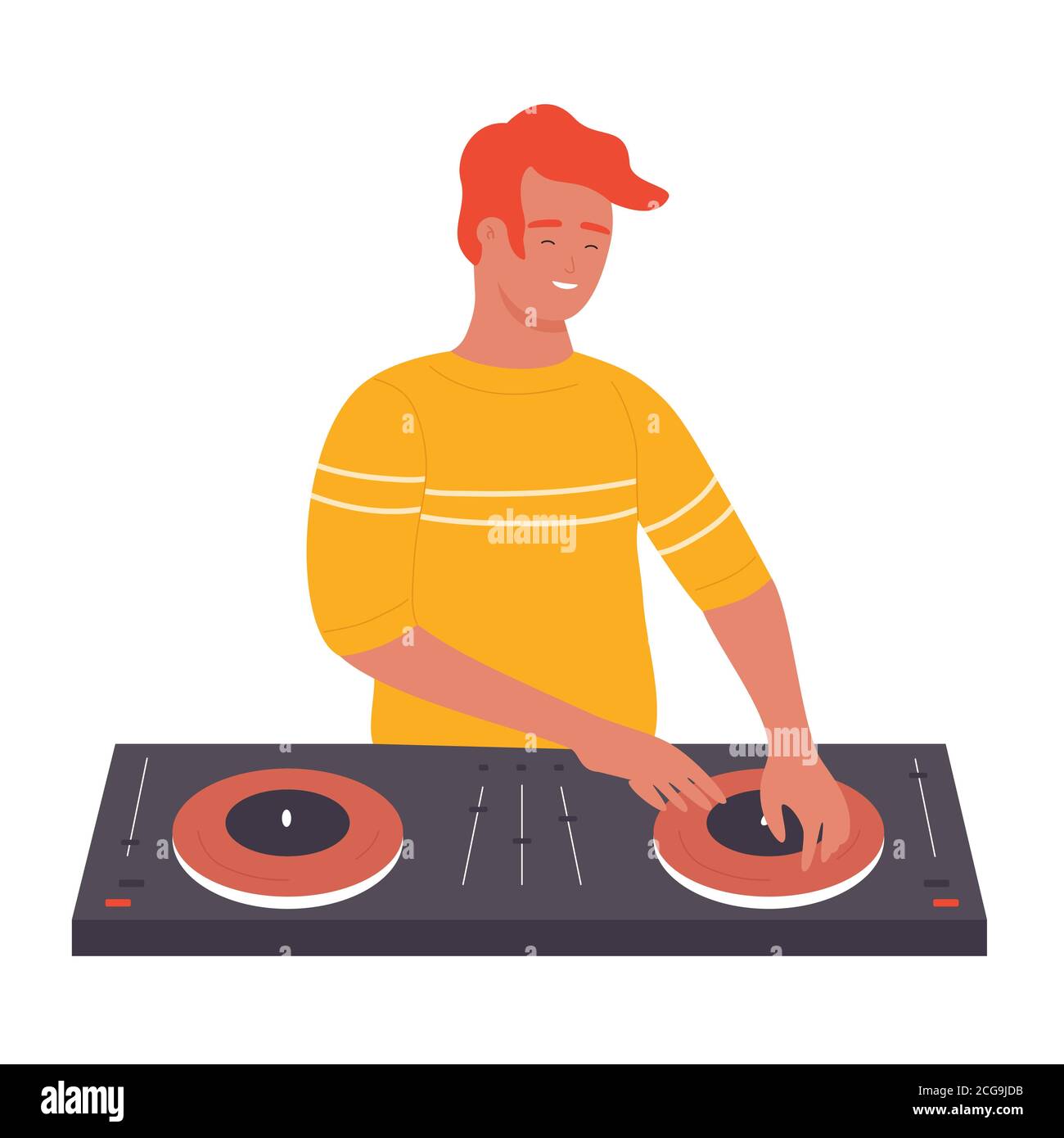 DJ young stylish man on musical party vector illustration. Cartoon flat male DJ character with turntable mixer making contemporary music in night club, spinning disc isolated on white background. Stock Vector