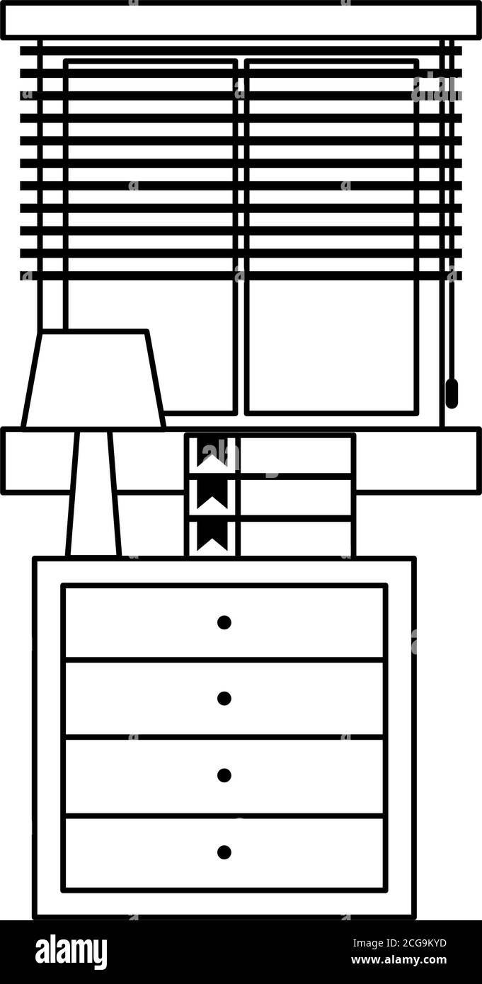 workspace stack books lamp furniture and window isolated icon line style vector illustration Stock Vector