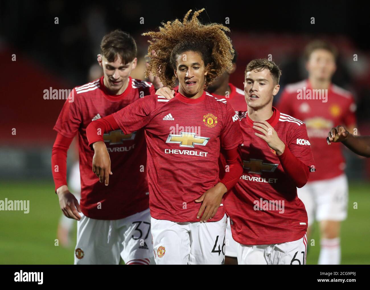 Manchester United's Hannibal Mejbri celebrates scoring his side's first goal of the game during the EFL Trophy Northern Group B match at the Peninsula Stadium, Salford. Stock Photo
