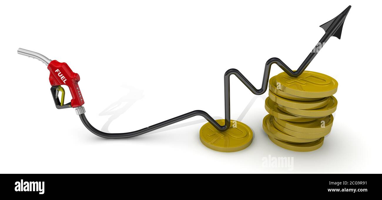 Rising cost of automotive fuel. Car refueling nozzle with hose in the form of a growing chart with coins of Russian rubles. Isolated. 3D Illustration Stock Photo