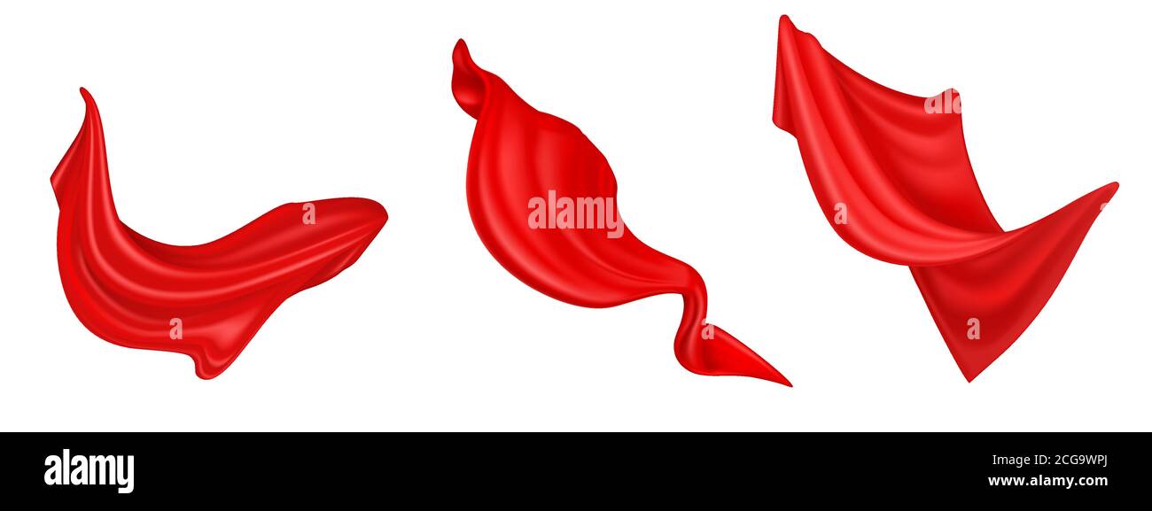 Flying red silk fabric isolated on white background. Vector realistic set of billowing velvet clothes, curtains or scarf in blowing wind. Luxury red textile drapery, flowing satin tissue Stock Vector
