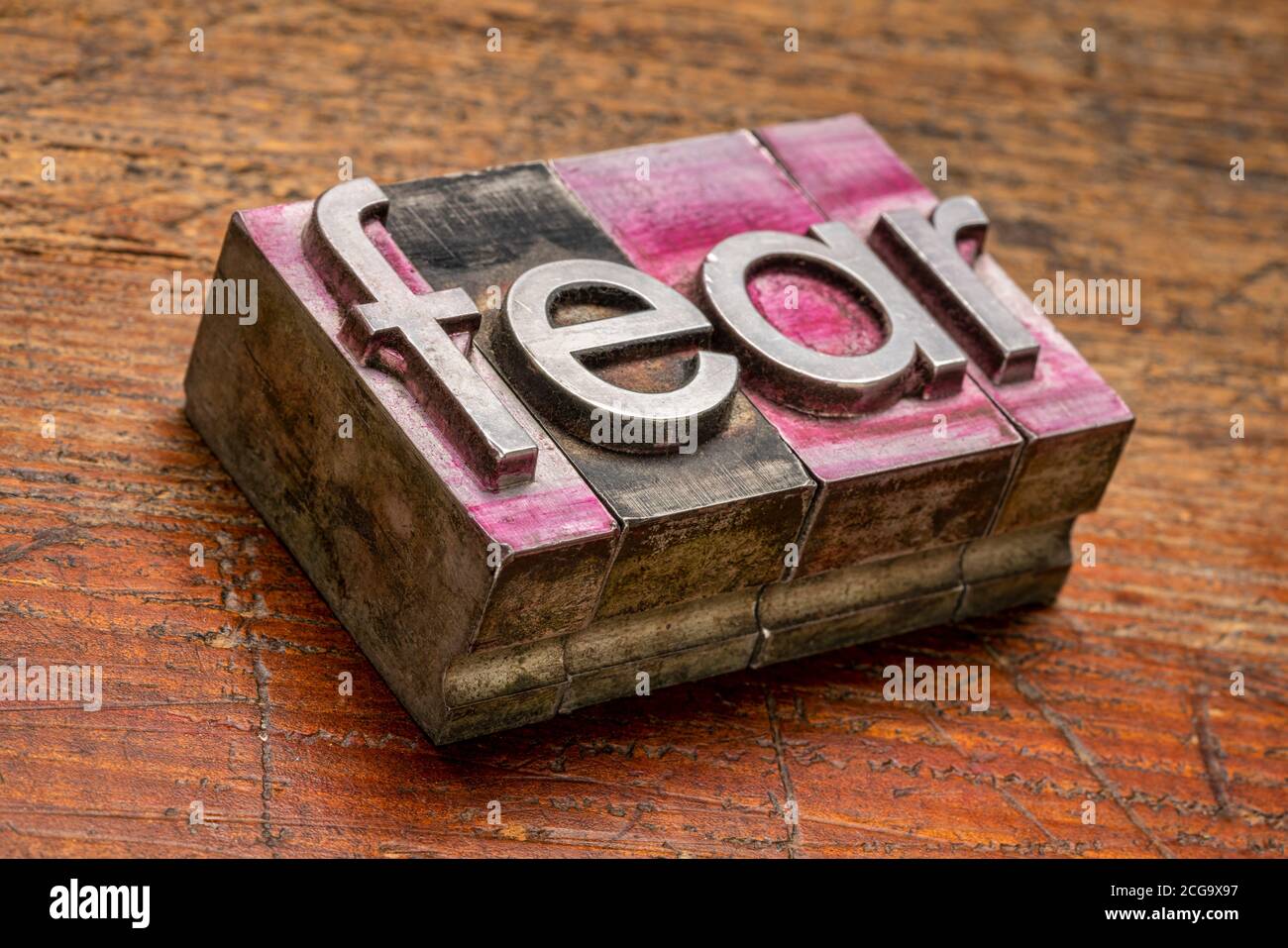 fear word abstract in gritty vintage letterpress metal types, negativer emotion, horror and anxiety concept Stock Photo