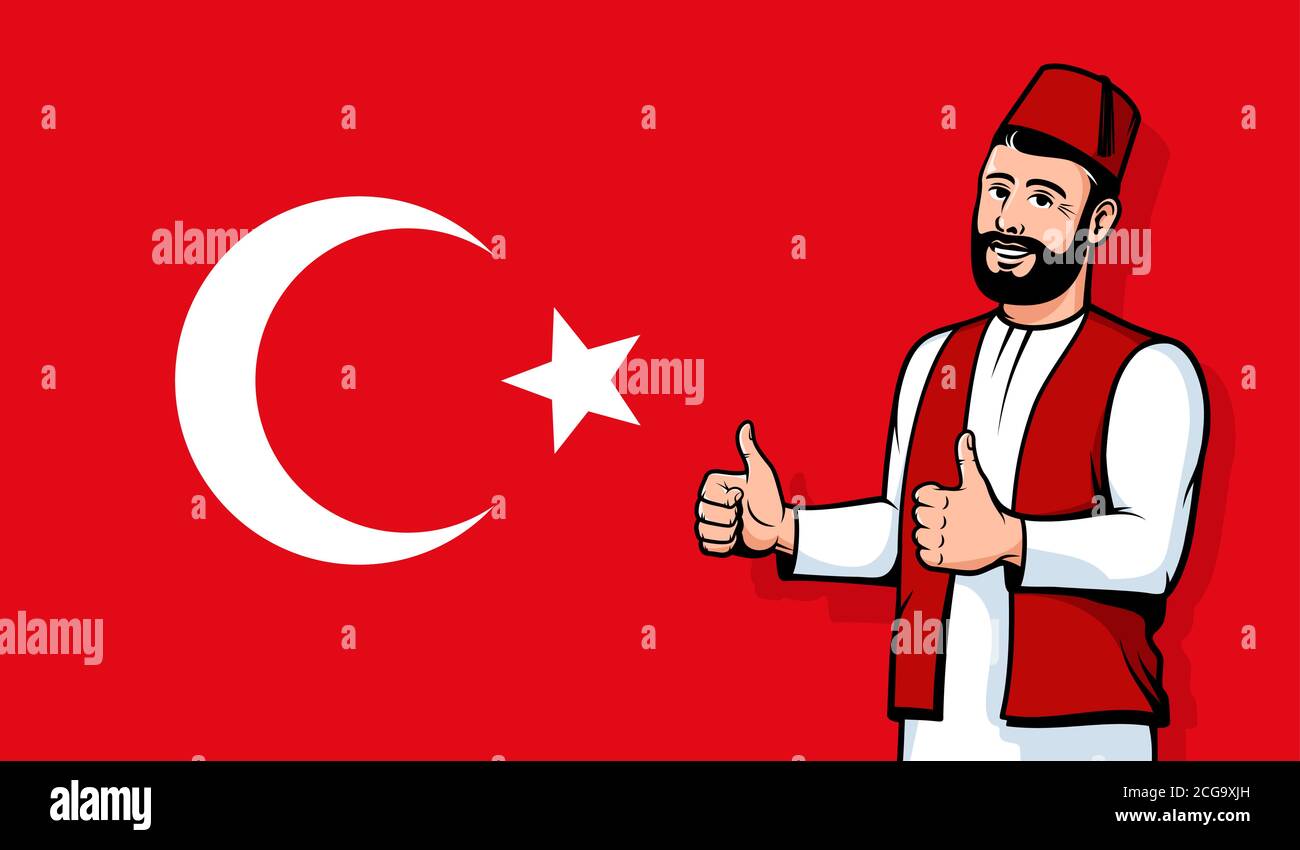 Turkish man in fez smiling on Turkey flag background Stock Vector