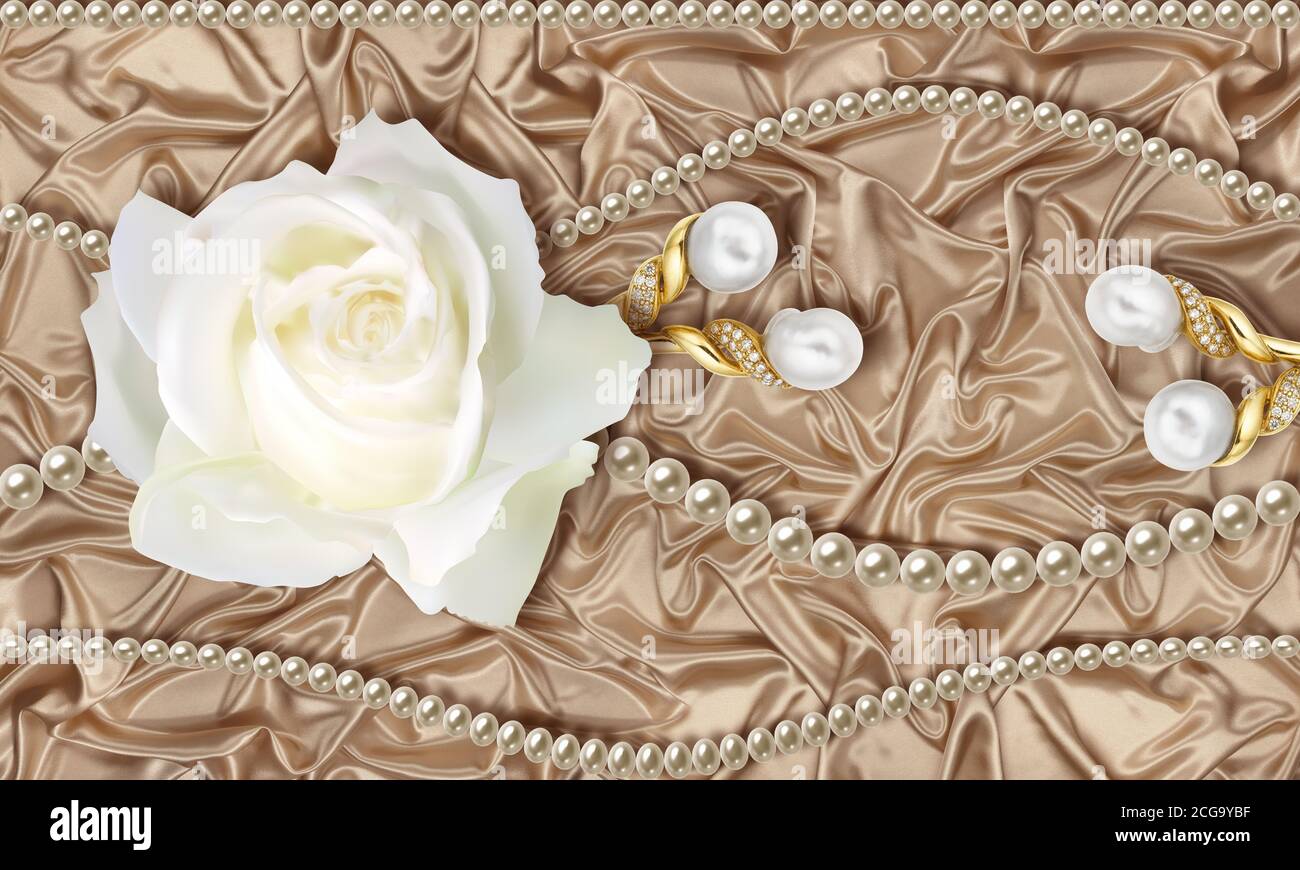 3D wallpaper, white rose, Jewelry and pearls on beige silk background