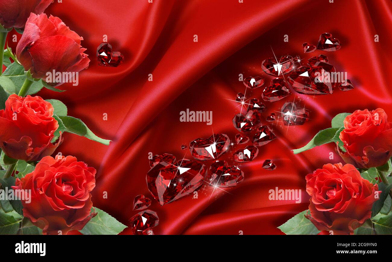 3d wallpaper, red roses on silk background. Celebration 3d background.  Valentine's day Stock Photo - Alamy