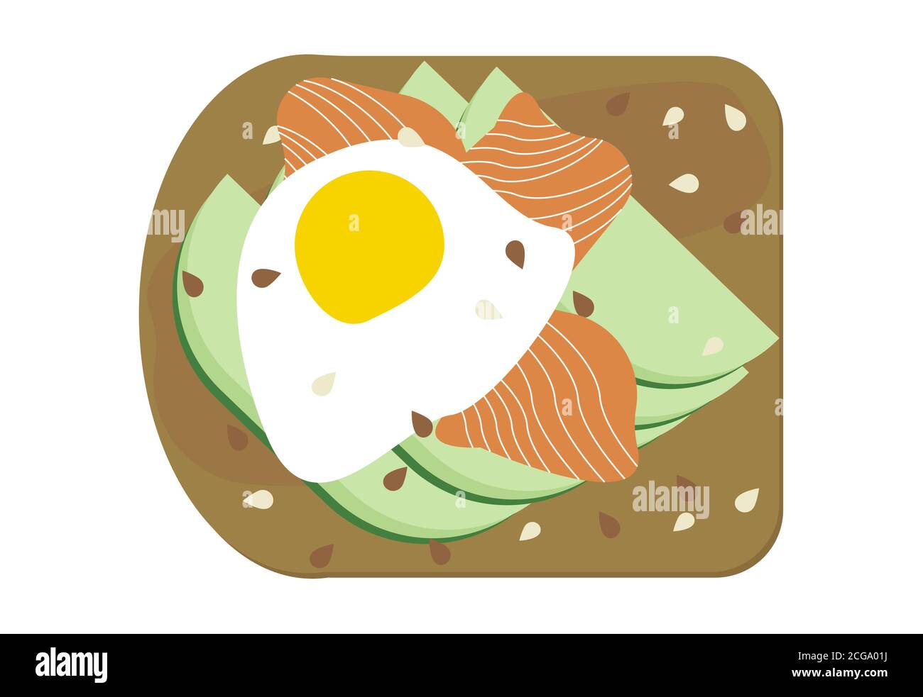 Avocado toast with poached egg and salmon illustration isolated. Avocado smoked lox slices on bread, vegan sandwich with seeds Stock Vector