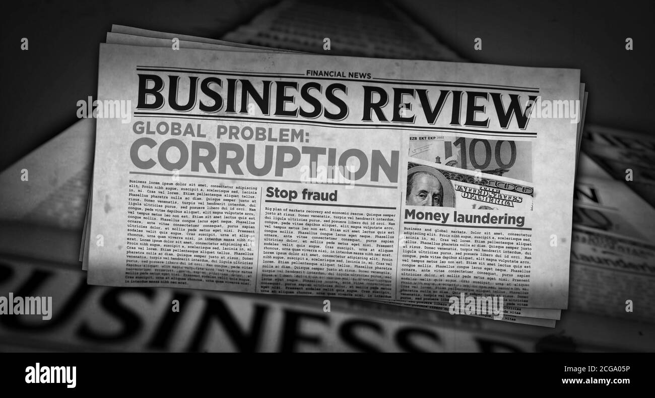 Corruption in business global problem, stop fraud and money laundering news. Daily newspaper print. Vintage paper media press production abstract conc Stock Photo
