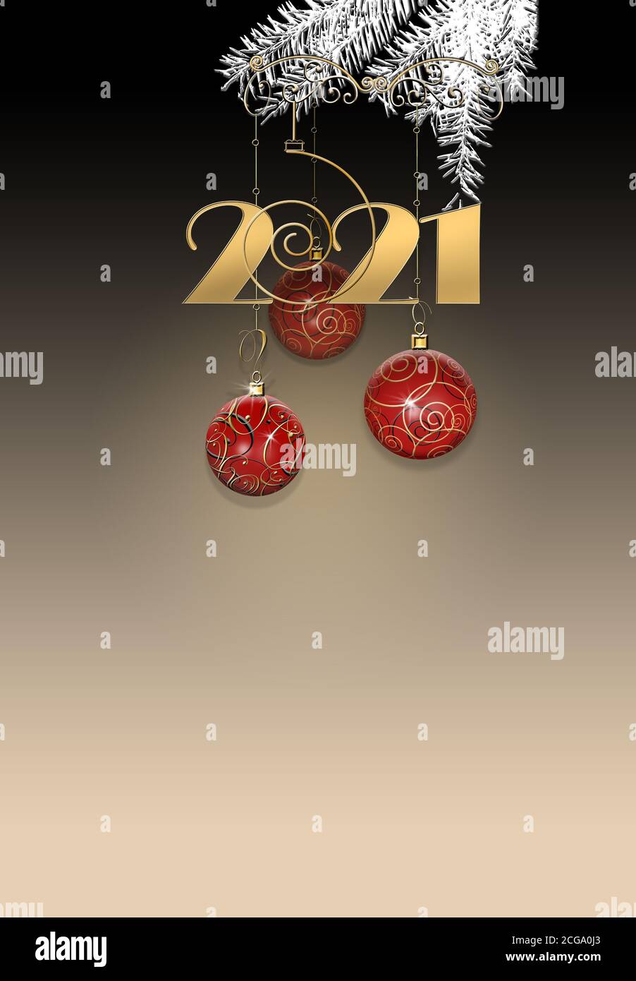 Luxury elegant Christmas New Year ornament with red gold baubles, hanging digit 2021 on black gold background. Vertical 2021 New Year card. Place for text, copy space, mock up 3D Illustration. Stock Photo