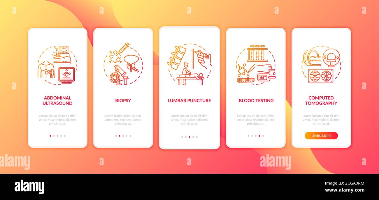 Diagnostic procedures onboarding mobile app page screen with concepts Stock Vector