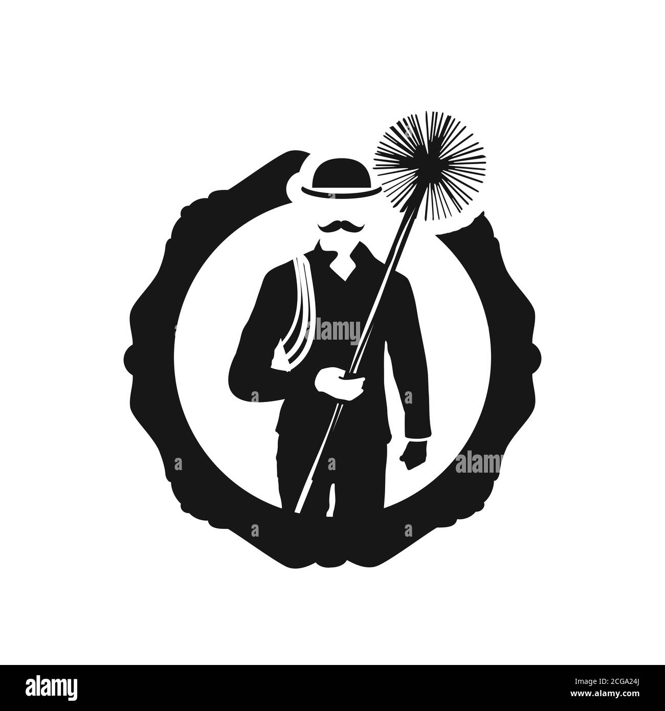 Chimney sweep with tool in uniform and chimney on the roof symbol. Retro style illustration of a chimney sweeper symbol isolated white background. Vec Stock Vector