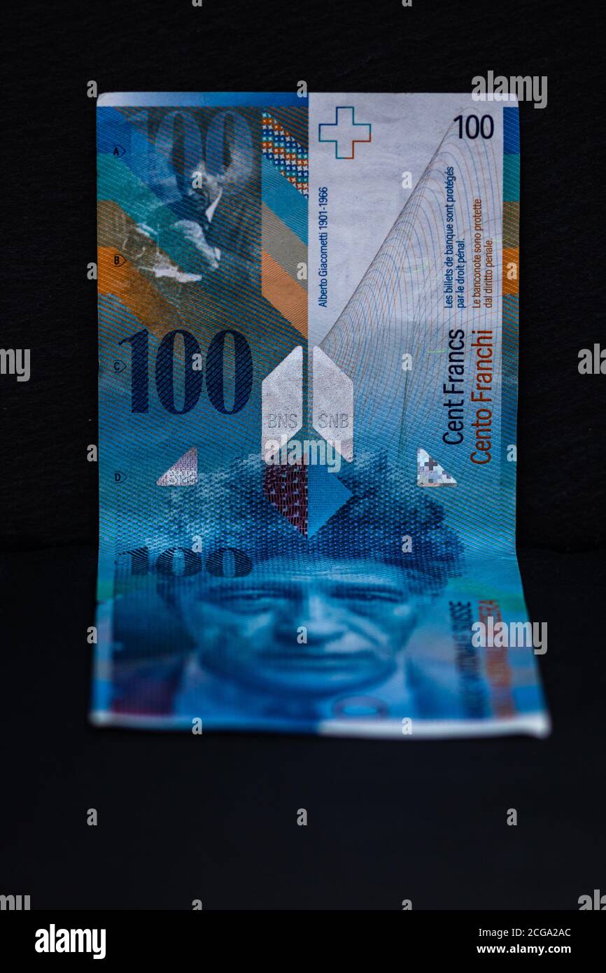 Selective focus on detail of 100 swiss franc banknote. Close up macro ...
