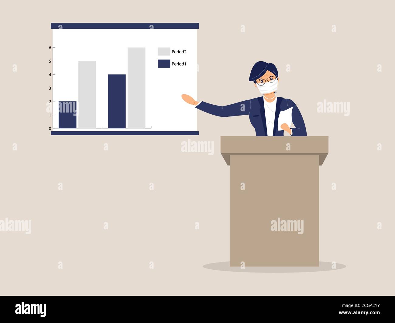 Speaker woman in protective face mask behind lectern make report and point to poster with diagram of growth of indicators during virus epidemic Stock Vector