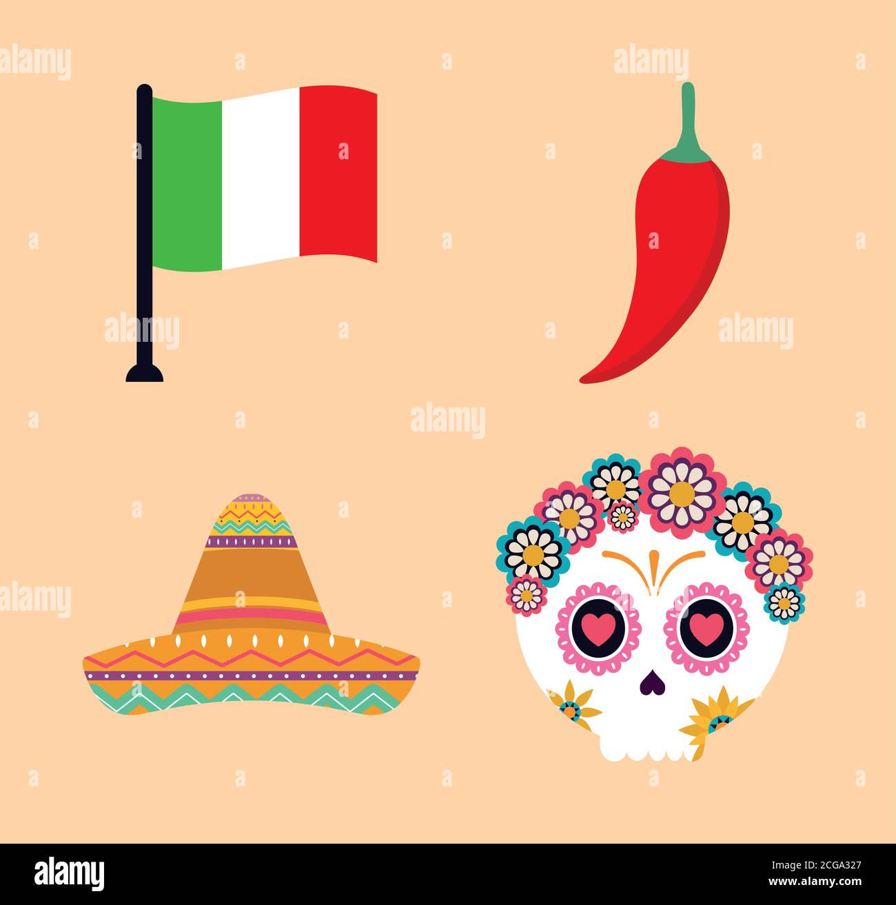 Mexican flag chilli hat and skull head vector design Stock Vector Image ...