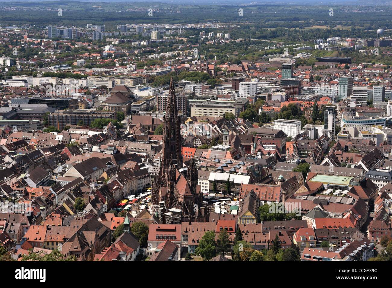 View from lookout Castle Hill Tower on the panorama of the city of Freiburg im Breisgau, Baden-Württemberg, Germany. On the picture is old center. Stock Photo