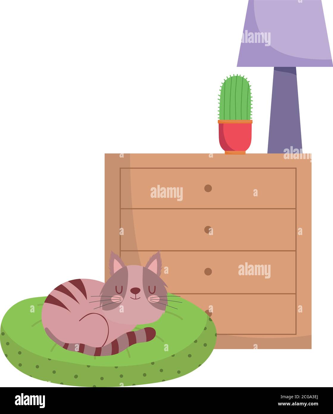 cat sleeping on cushion drawers with cactus and lamp isolated design white background vector illustration Stock Vector