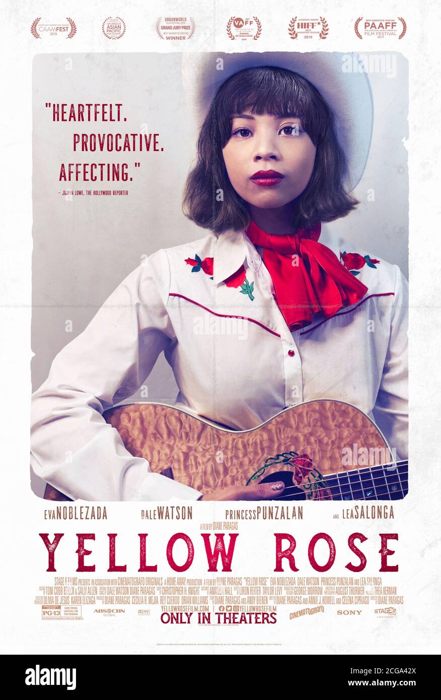 Yellow Rose (2019) directed by Diane Paragas and starring Lea Salonga, Eva Noblezada and Kelsey Pribilski. An illegal Filipina immigrant pursues her dream to become a country music singer. Stock Photo
