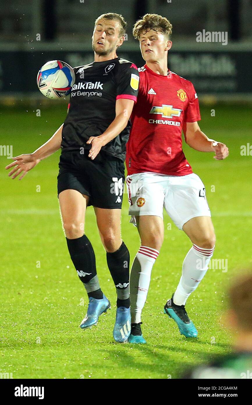 SALFORD, ENGLAND. SEPTEMBER 9TH 2020 Salfords Richie Towell battles with United's Ethan Laird during the EFL Trophy match between Salford City and Manchester United at Moor Lane, Salford. (Credit: Chris Donnelly | MI News) Credit: MI News & Sport /Alamy Live News Stock Photo