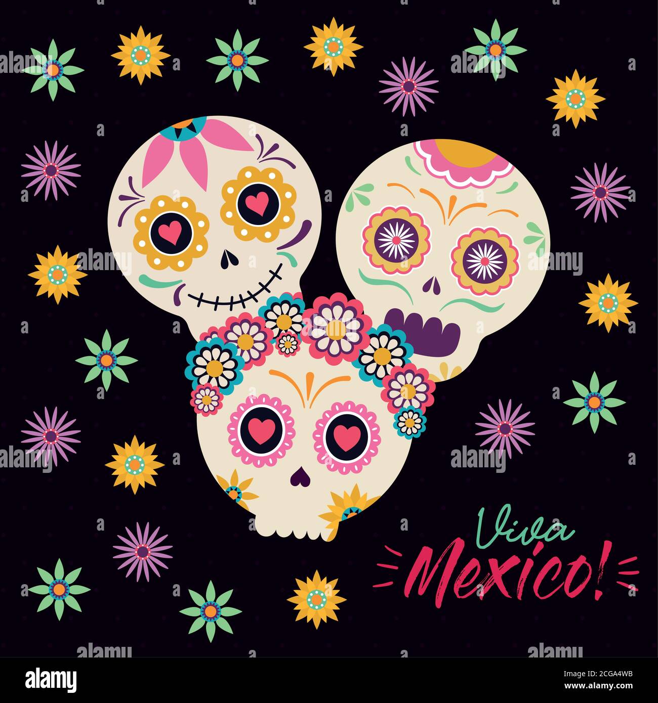 mexican skull heads with flowers vector design Stock Vector Image & Art ...