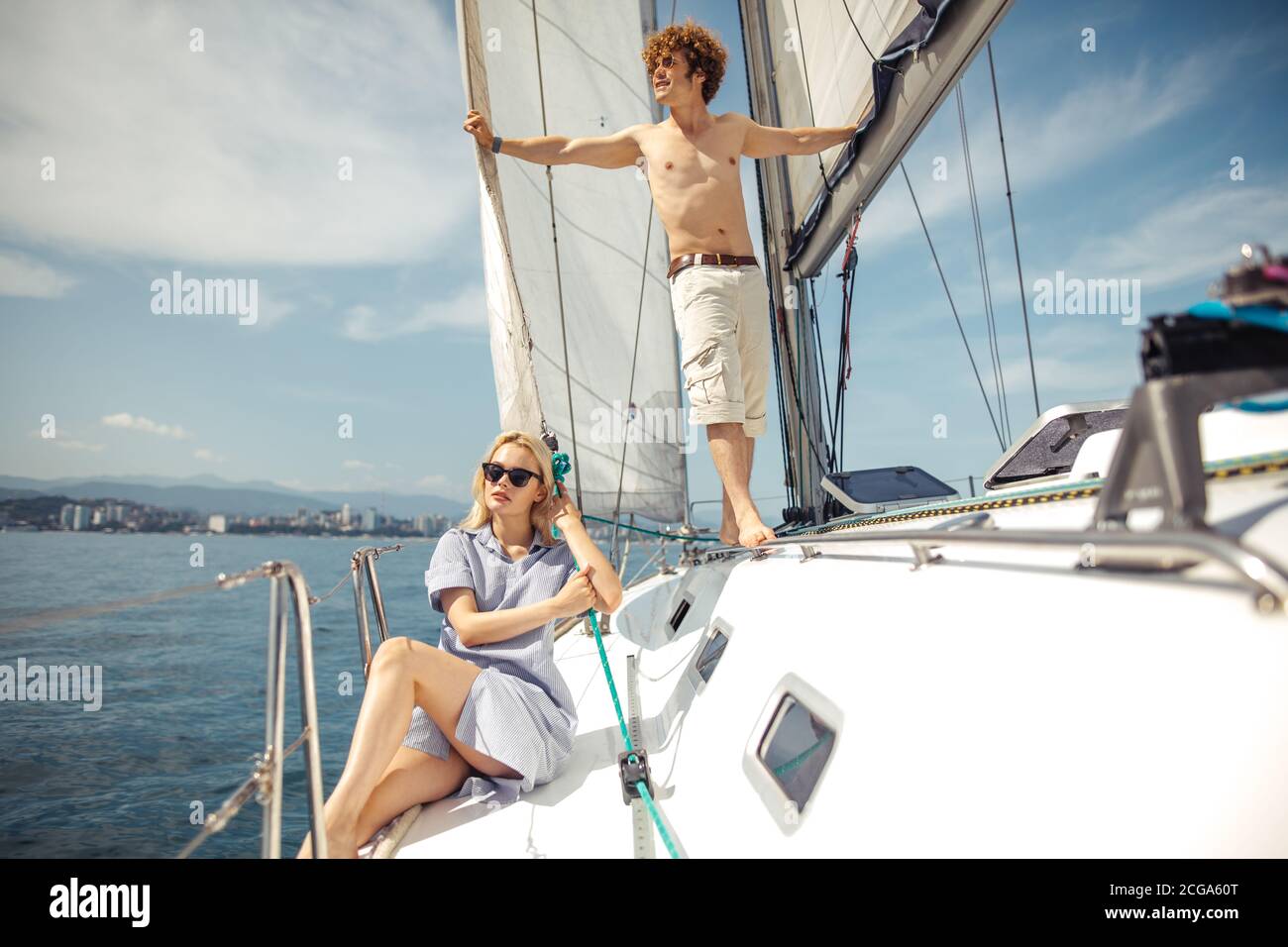 Beautiful Seascape With White Yacht Sailing In Blue Sea Square Photo With Copy Space Stock Photo Alamy