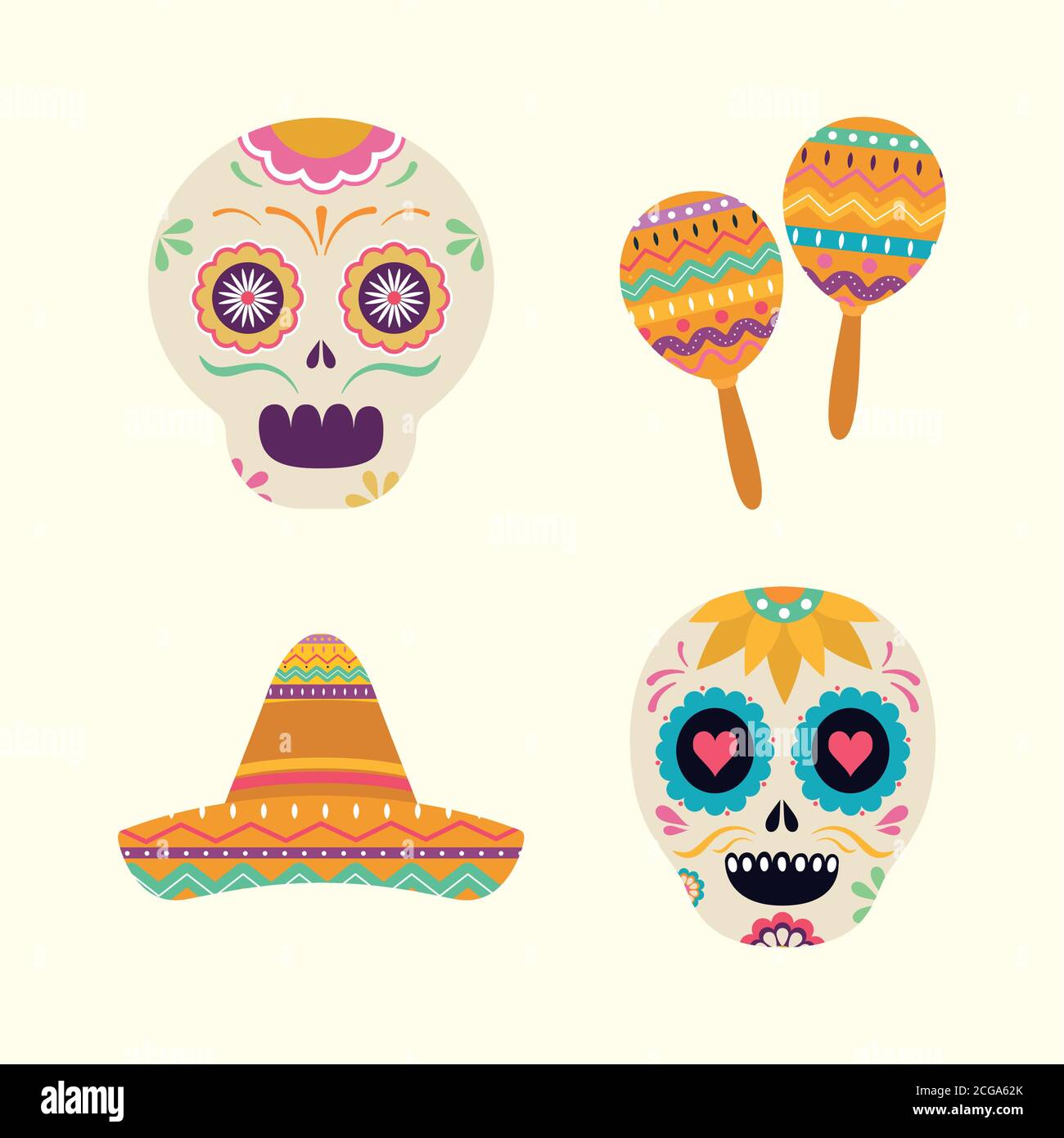 mexican skull heads maracas and hat vector design Stock Vector Image ...