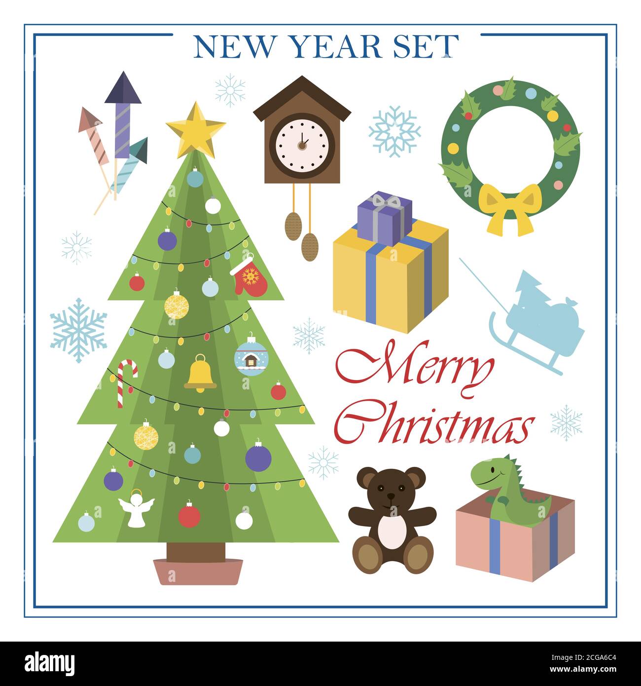 A set of flat illustrations for new year and Christmas. Vector set of isolated images Christmas tree, Christmas wreath on the door, Packed gifts under the tree, clock, firecrackers. Bright objects for a postcard, ad, sale, or website with a new year s theme. Happy Winter Holidays poster. New year Stock Vector