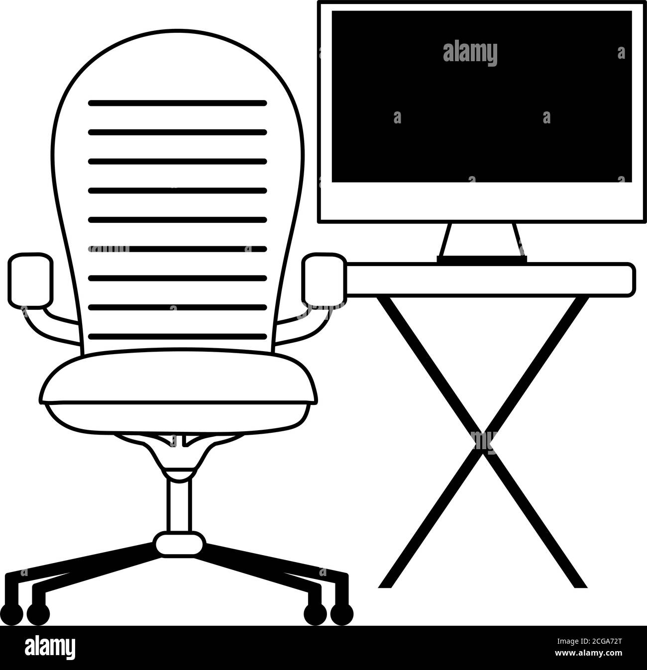 Workspace Armchair Table And Pc Monitor Isolated Icon Line Style Vector Illustration Stock 5843