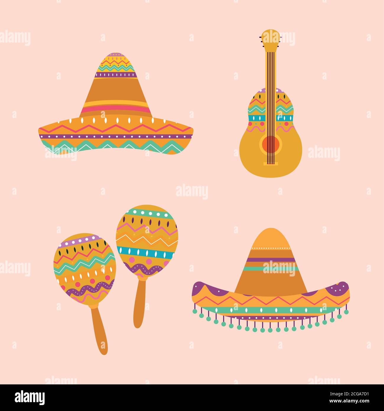 Mexican hats guitar and maracas vector design Stock Vector Image & Art ...