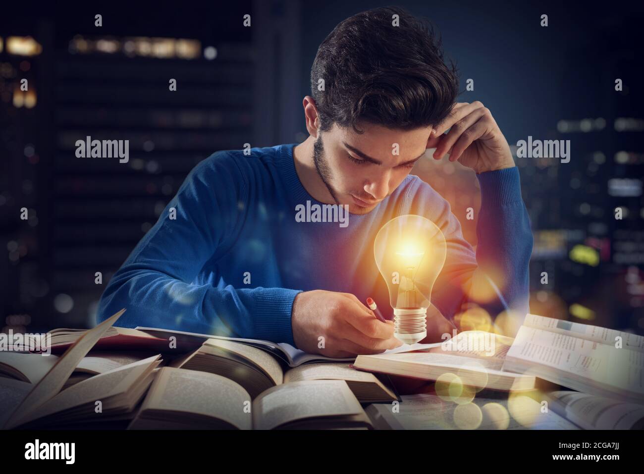 Student found a solution to solve a problem. Concept of innovation and creativity Stock Photo