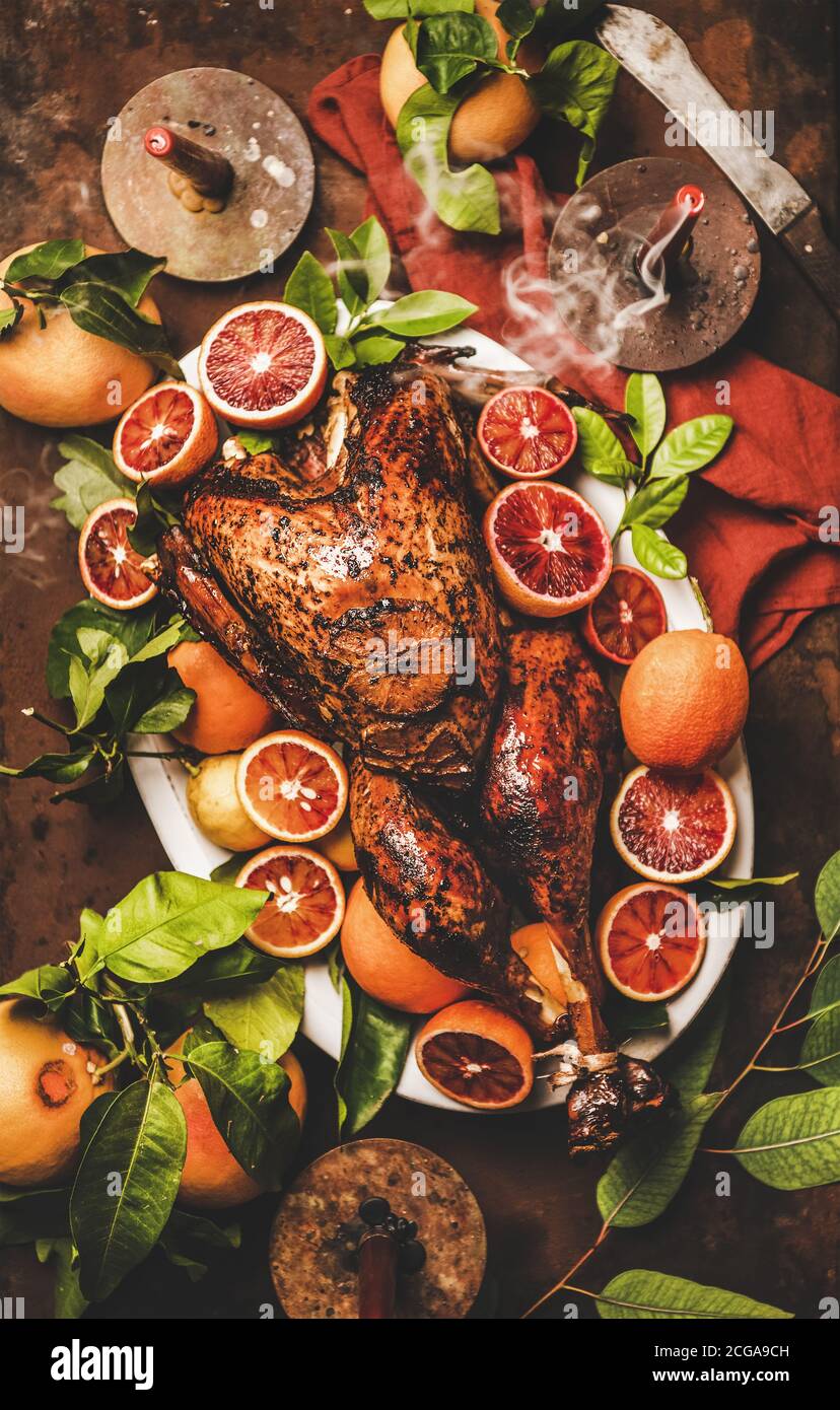 Christmas festive table setting with roasted turkey and candles Stock ...