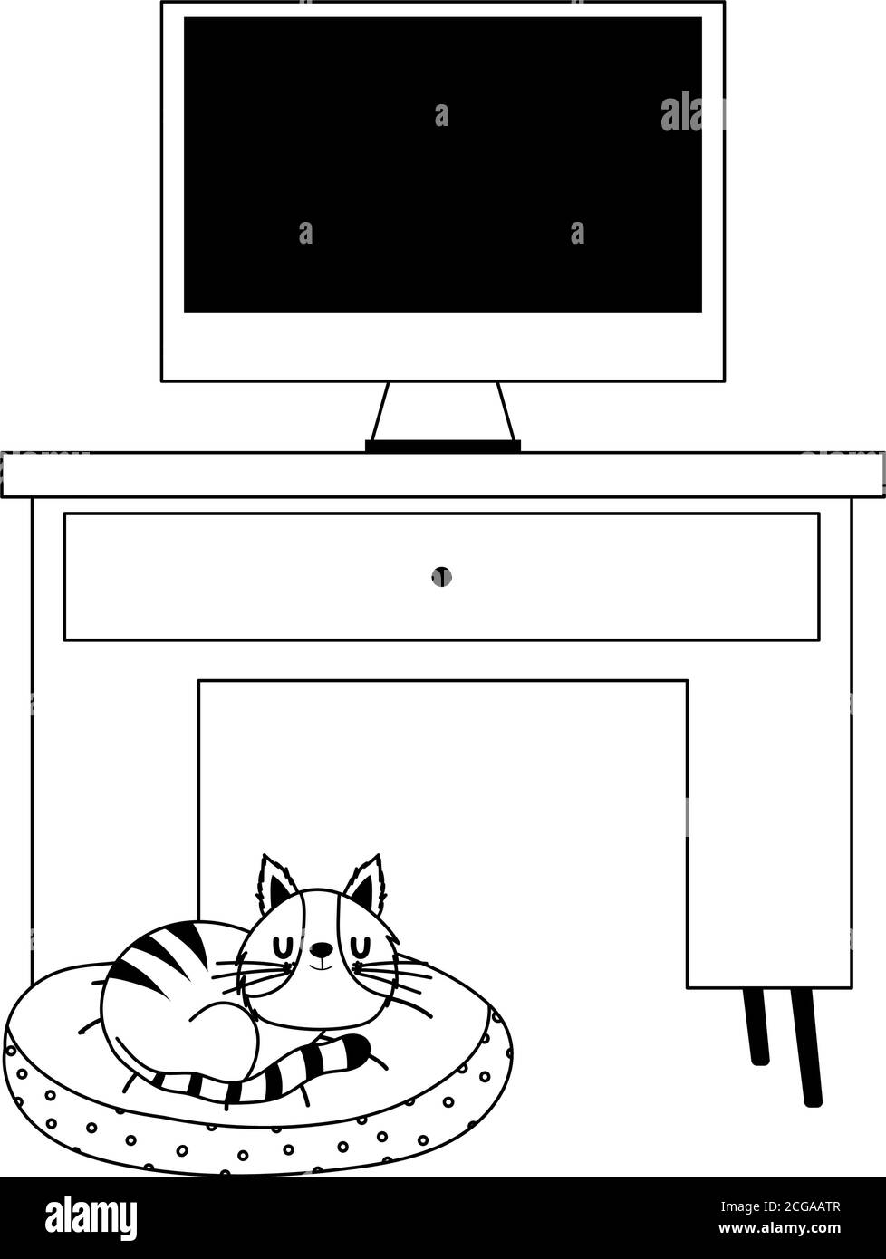 workspace computer screen desk and cat in bed isolated icon line style