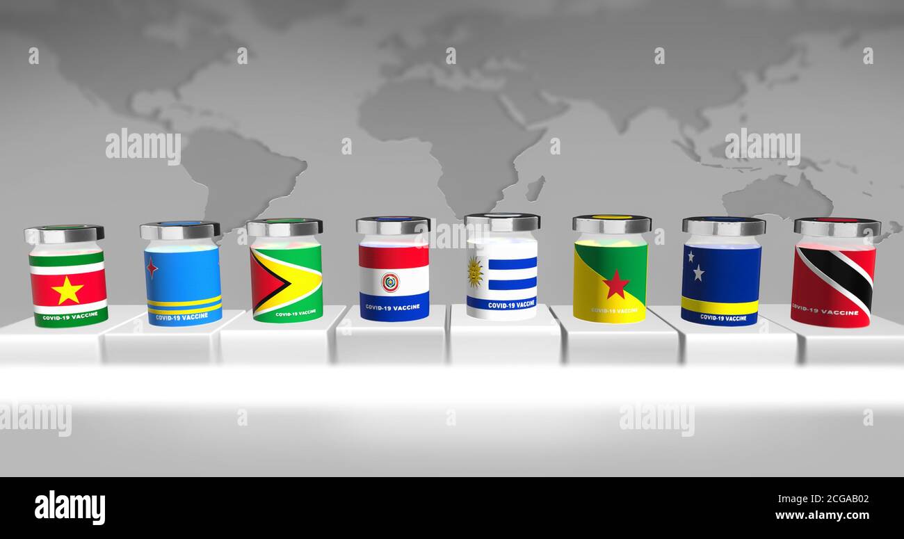 3D illustrated bar chart with countries from South-Latin America in line for corona virus vaccine. Stock Photo