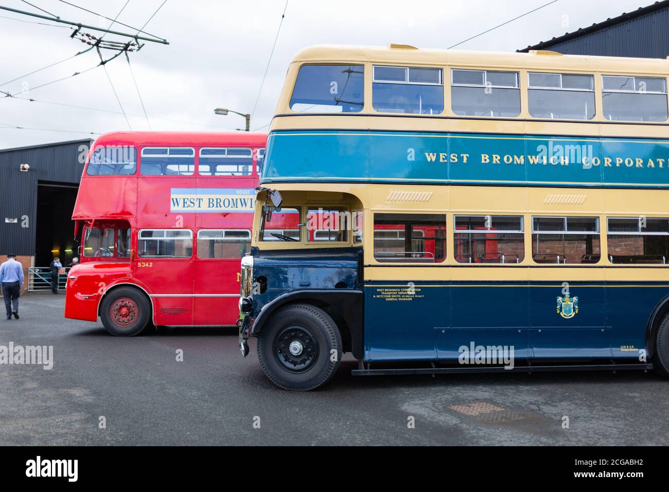 Old twentieth century buses at a garage depot, Black Country Living Museum, Dudley, UK Stock Photo