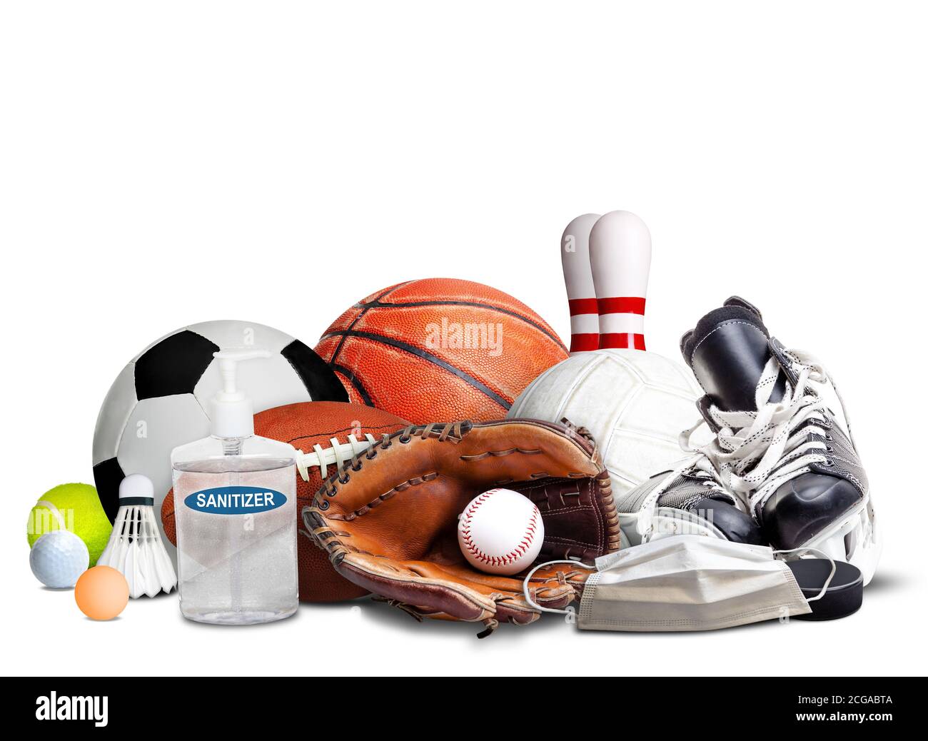 COVID-19 coronavirus new normal and sports concept showing sports equipment, rackets and balls with hand sanitizer and face mask isolated on white bac Stock Photo
